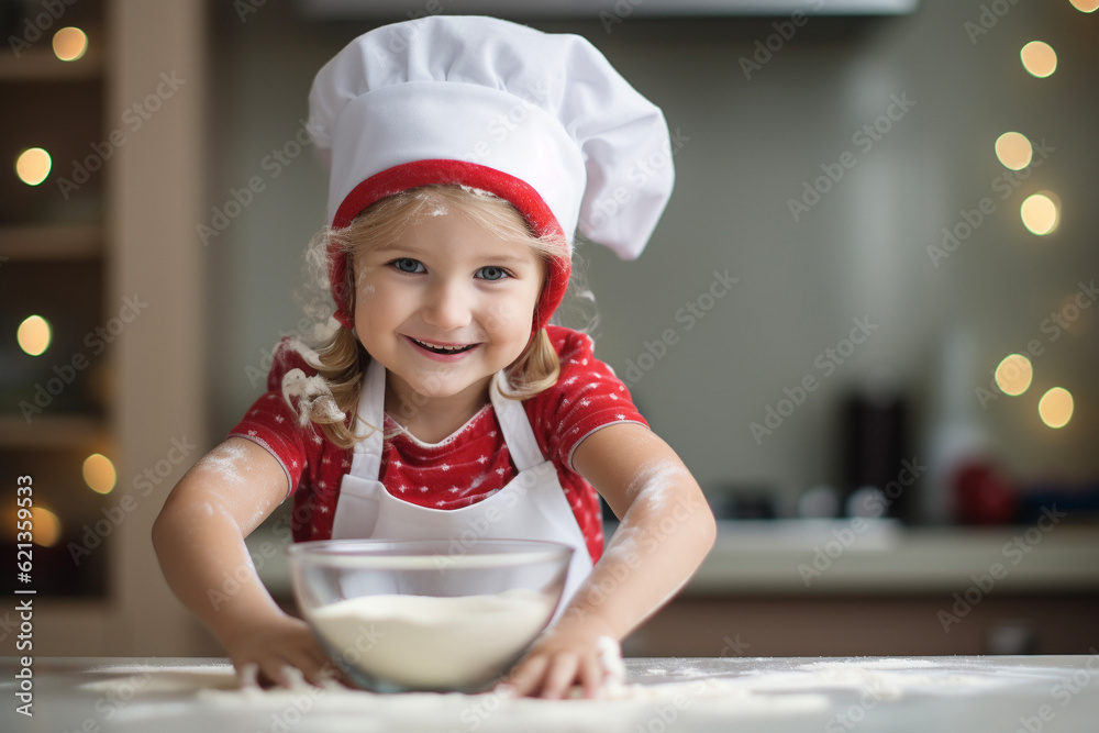 Young girl wearing red white chef's hat enjoys baking Christmas cookies in kitchen. Happy winter holiday moment making sweets. Cute child portrait. Young girl wearing red white chef's hat enjoys baking Christmas cookies in kitchen. Happy winter holiday moment making sweets. Cute child portrait.