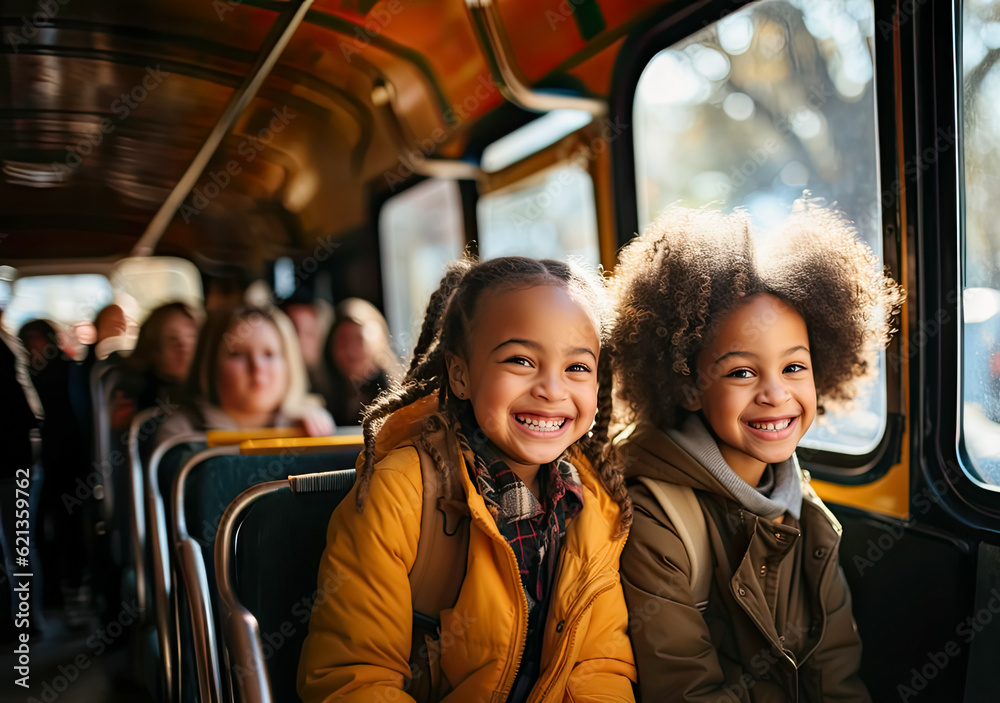 Portrait of two smiling African-American girls inside a school bus.