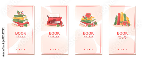 Set of layout design for bookshop, library, bookstore, festival or education. Books in summer design. Vector illustration