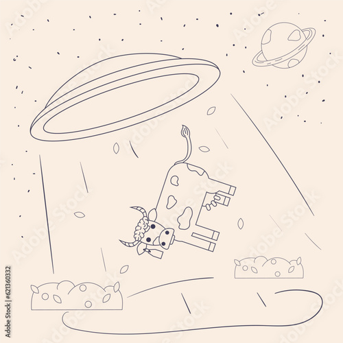 UFO kidnaps an animal cow for experiments and study contour flat drawing in corporate Memphis style