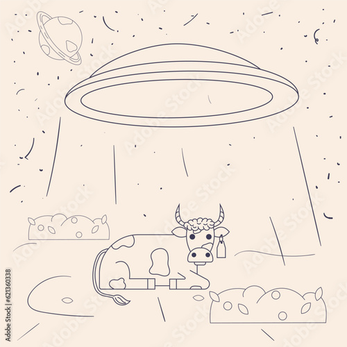 UFO kidnaps a lying cow for conducting experiments and studying a contour flat drawing in the corporate Memphis style