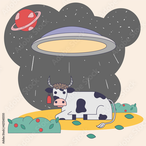 UFO kidnaps a lying cow for conducting experiments and studying a colored flat drawing in the corporate Memphis style