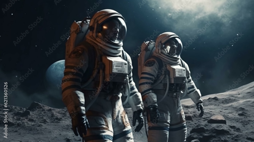 Fototapeta premium Astronaut in a spacesuit on an asteroid or planet moon in outer space. AI generated