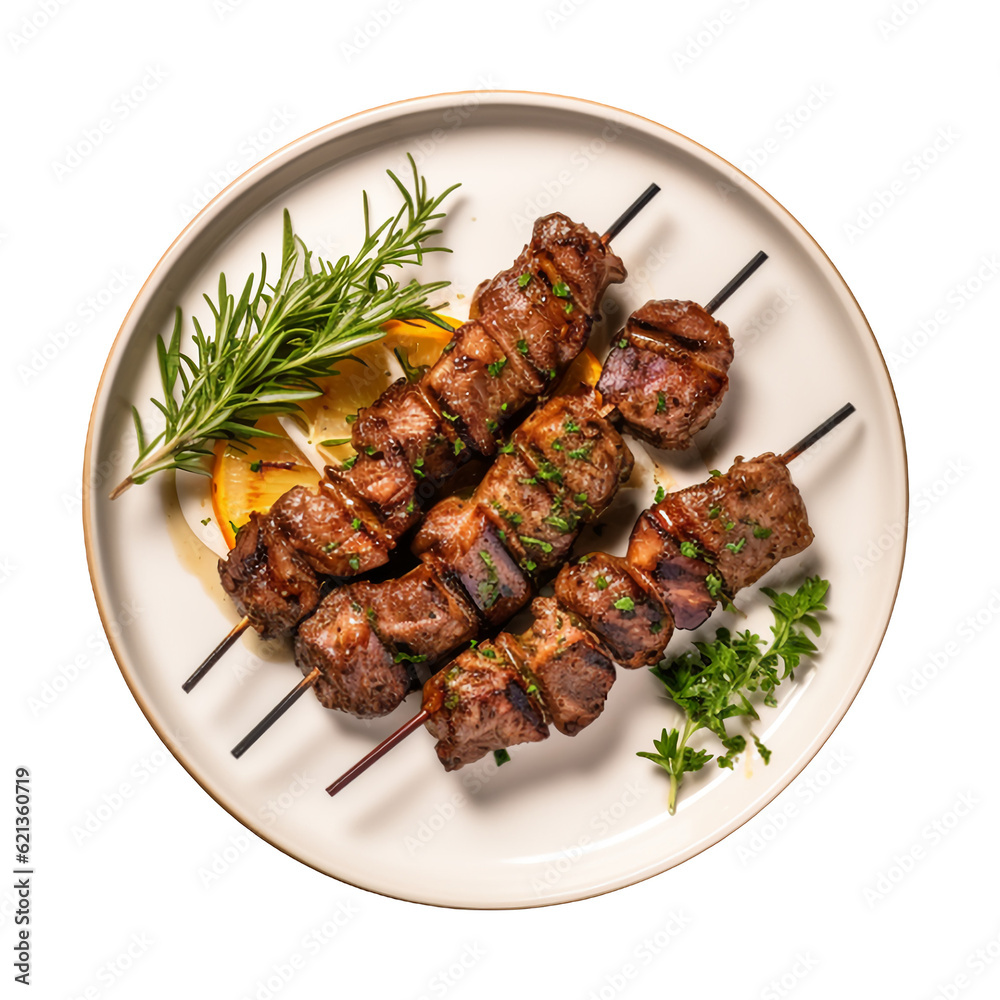 Culinary dish, pork skewers with greens on a plate, isolated on a white background, AI Generation