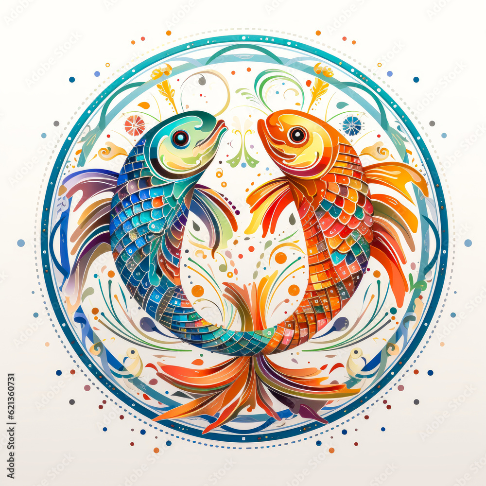 Soulful minimalist Pisces zodiac symbol, two fish patterned in a vibrant pixel style and centered within a sleek circle on a pristine white background. Generative AI