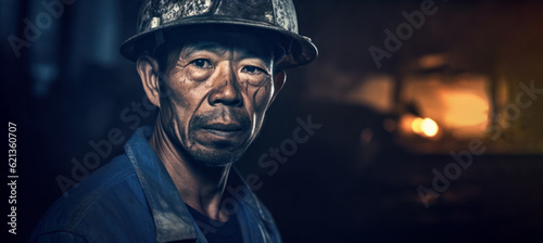 Asian man with face dirty, helmet on his head, dark background to emphasise deep mine - natural resource miner, concept of hard working conditions mining industry in China and Asia. Generative AI