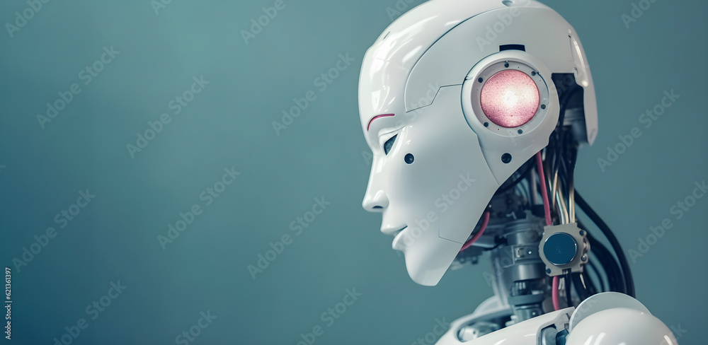 Naklejka premium Female Robot portrait, technology concept, free copy space on ggeen background. AI generated