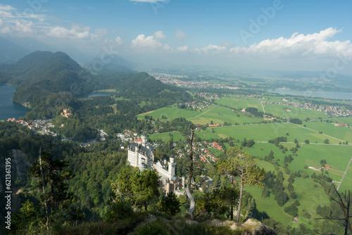 view looking down on castle in the mountains