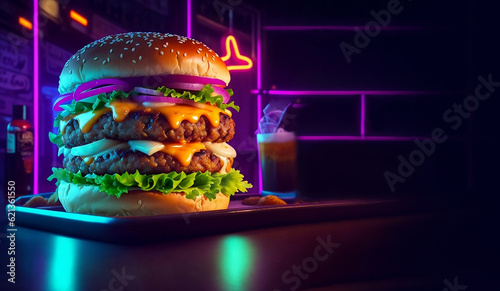 Delicious double beef burger and cheddar cheese on a colorful neon background for the design of a banner, advertising, cover and invitation. Neon hamburger Generative AI