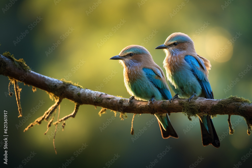 pair of European roller, perched on a branch pair of European roller, perched on a branch