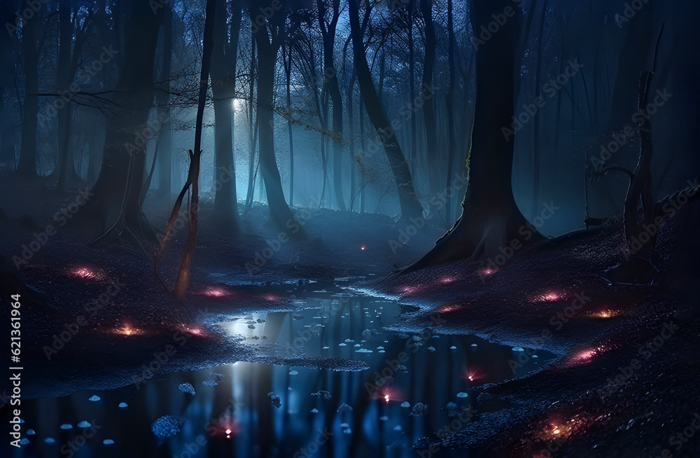 Obraz premium Magical forest at night time. AI generated
