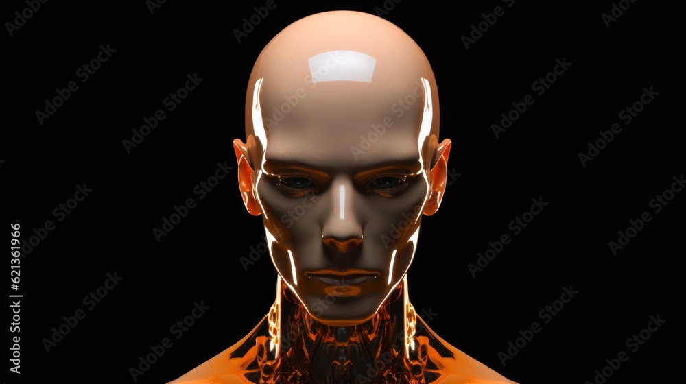 android male face on a dark background. The concept of artificial intelligence. Futuristic robot head with technological neural system .generative AI. android male face on a dark background. The concept of artificial intelligence. Futuristic robot head with technological neural system .generative AI.