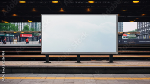 big mock up of blank showcase billboard or advertising light box for your text message or media content at train station in the city, commercial, marketing and advertising concept, Generative AI