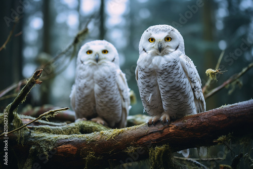 pair of snowy owls, perched on a branch in the morning, in forest
