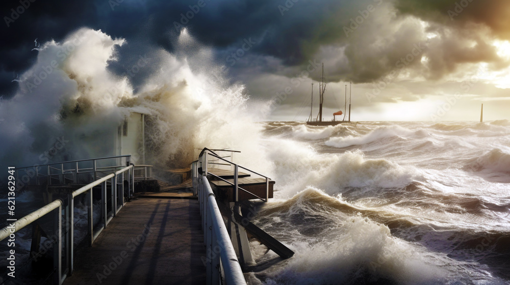 Obraz premium big wave hit the pier. Generative Ai.