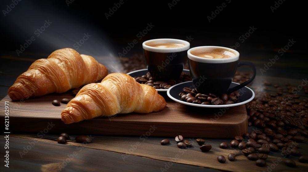 Two cups of coffee and two croissants on a wooden table. dark background. Generative Ai. 