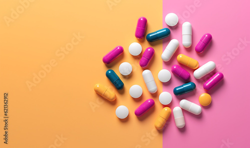 pills and capsules on a colored background. Generative Ai. 