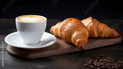 white cup of coffee with two croissants on wooden boards. dark background. Generative Ai. 