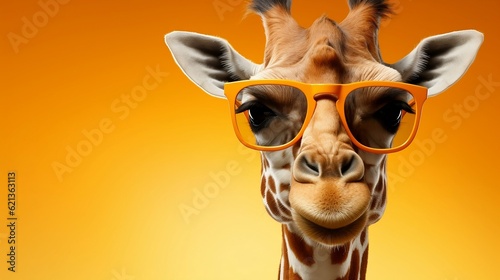 Bright cartoon giraffe in orange sunglasses close up isolated on yellow gradient background with copy space, horizontal children's party promo banner © ISVO