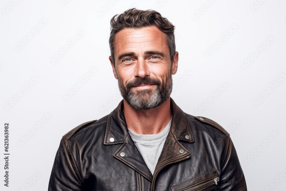 Portrait of handsome man in leather jacket. Isolated white background. Portrait of handsome man in leather jacket. Isolated white background.