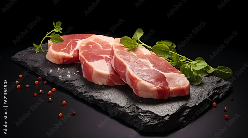 raw meat on a cutting board, dark background. Generative Ai. 