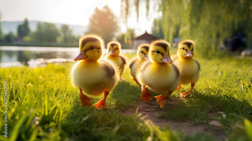 a group of small fluffy ducklings on a green meadow near the lake. Generative Ai. 