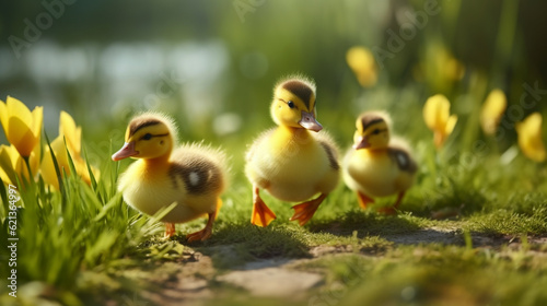 Little ducklings walks in the spring meadow. Generative Ai. 