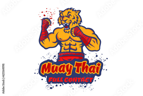 Vector template sport logo for fighting club with angry muscular tiger. Vector sport logo with tiger for Muay Thai club.