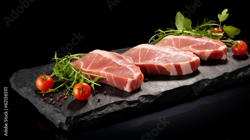three pieces of fresh meat for steak on a wooden board with greens and tomatoes, dark background. Generative Ai. 