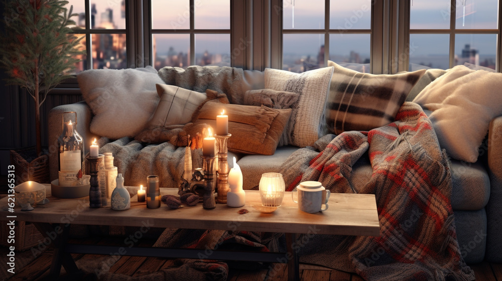 cozy sofa with pillows by the window and burning candles on the table. Generative Ai. cozy sofa with pillows by the window and burning candles on the table. Generative Ai.
