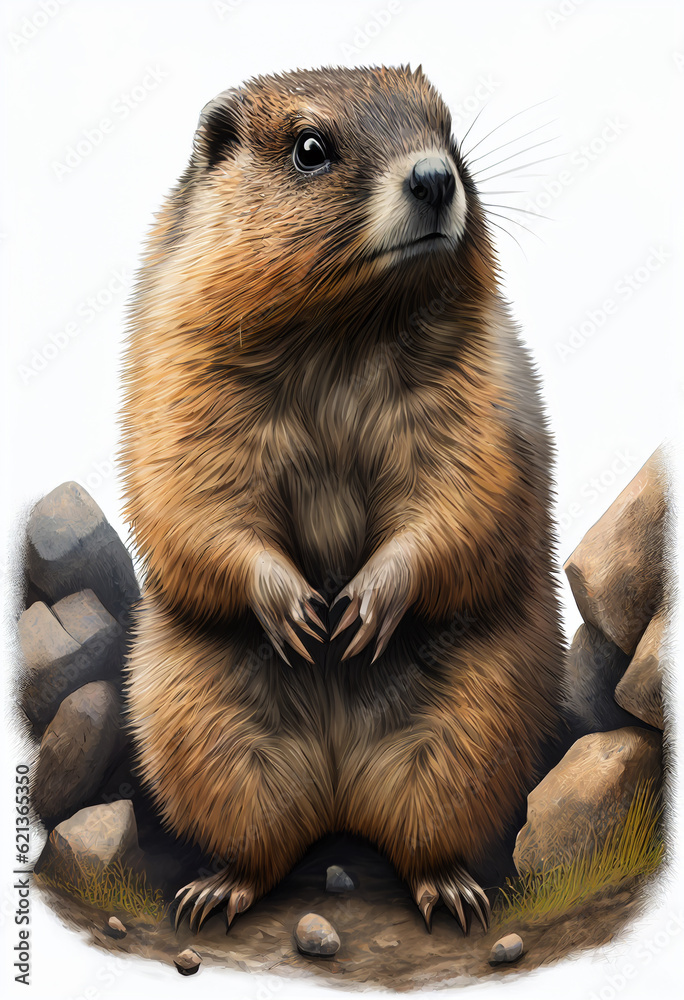 Fototapeta premium Marmot portrait on white background. AI Generated