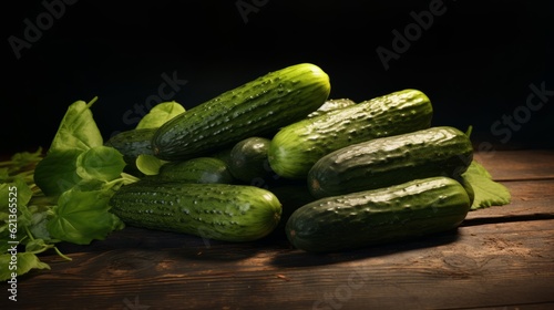 Agriculture harvest Food photography background - Ripe cucumbers vegetables on a dark wooden table (Generative Ai)