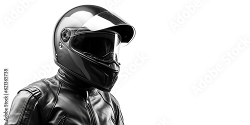 Portrait of a motorcyclist in a matching suit and helmet, close-up and against an isolated white background. Generative AI