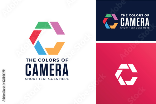 Colorful Initial Letter C with Hexagon Shutter Aperture Camera Lens for Rainbow Photo Photography Logo Design