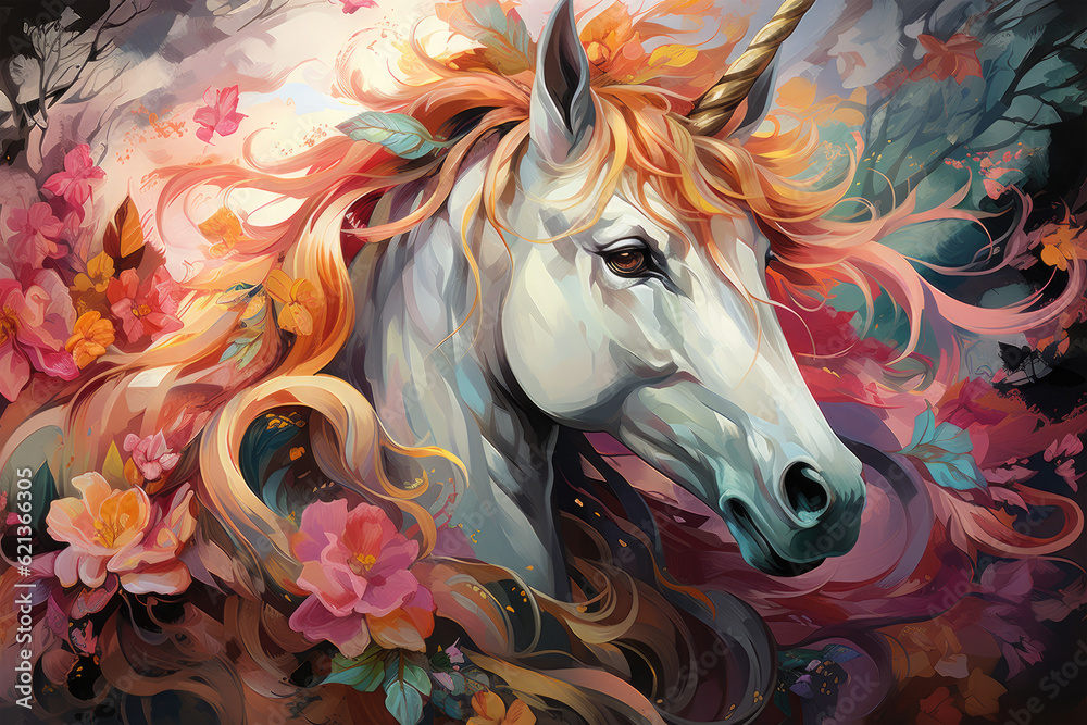 Fototapeta A whimsical watercolor magical unicorn floral nestled in a hidden grove, where the unicorn stands among a tapestry of enchanting flowers, their petals shimmering with a hint of magic, Generative Ai