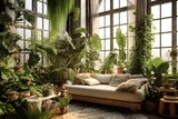 Sunny spacious room with high windows and lush greenery inside. green shelter. Generative AI. 