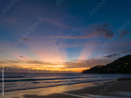 Aerial panorama view scene romantic pink sky on sunset at Karon beach. .abstract nature background..Sunset with bright pink light rays and other atmospheric effects. .abstract nature background.