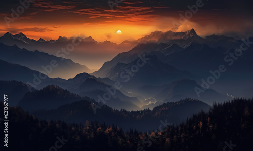 the sun is setting over the mountains in the distance,. generative ai