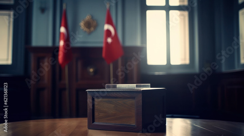 voting box in a public office on the background of the flags of Turkey Republic. Generative AI