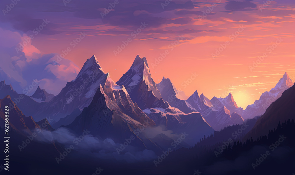  a painting of a mountain range with a sunset in the background.  generative ai