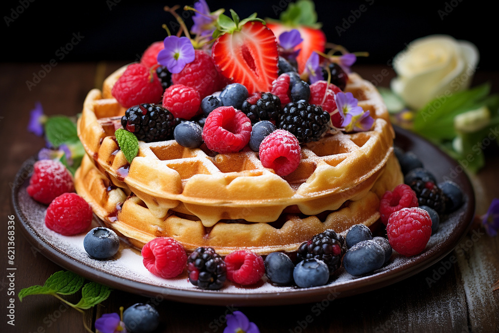 waffle with berries, delicious tasty food with fresh ingredients waffle with berries, delicious tasty food with fresh ingredients