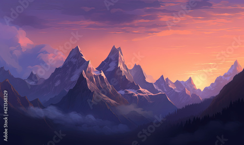  a painting of a mountain range with a sunset in the background.  generative ai © Olga
