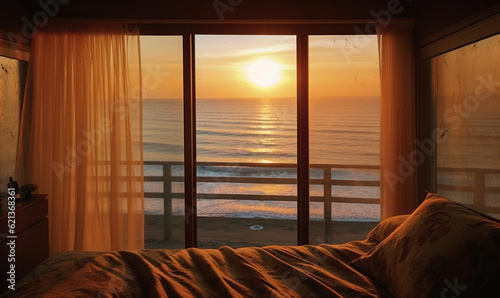  a bedroom with a view of the ocean and the sun.  generative ai © Anna