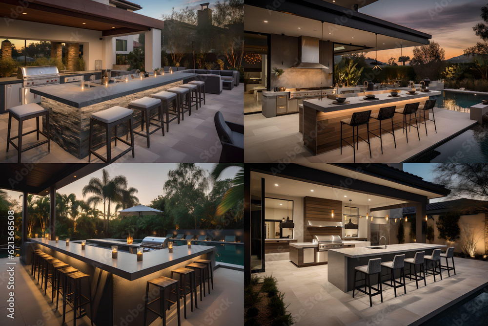 Fototapeta premium Luxurious custom outdoor kitchen & outdoor living area design sample that is perfect for your custom outdoor living concept gallery.