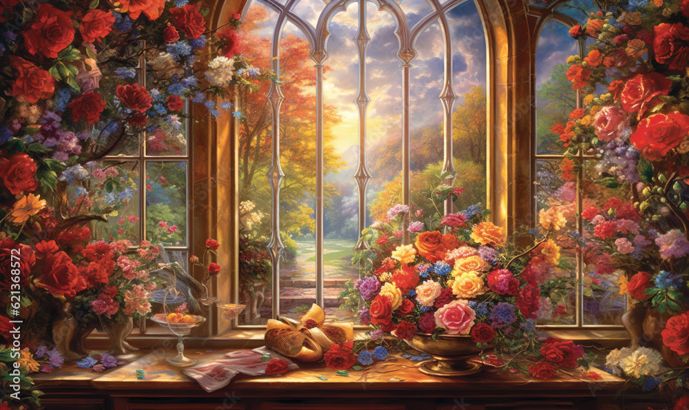  a painting of a window with flowers and a teddy bear.  generative ai