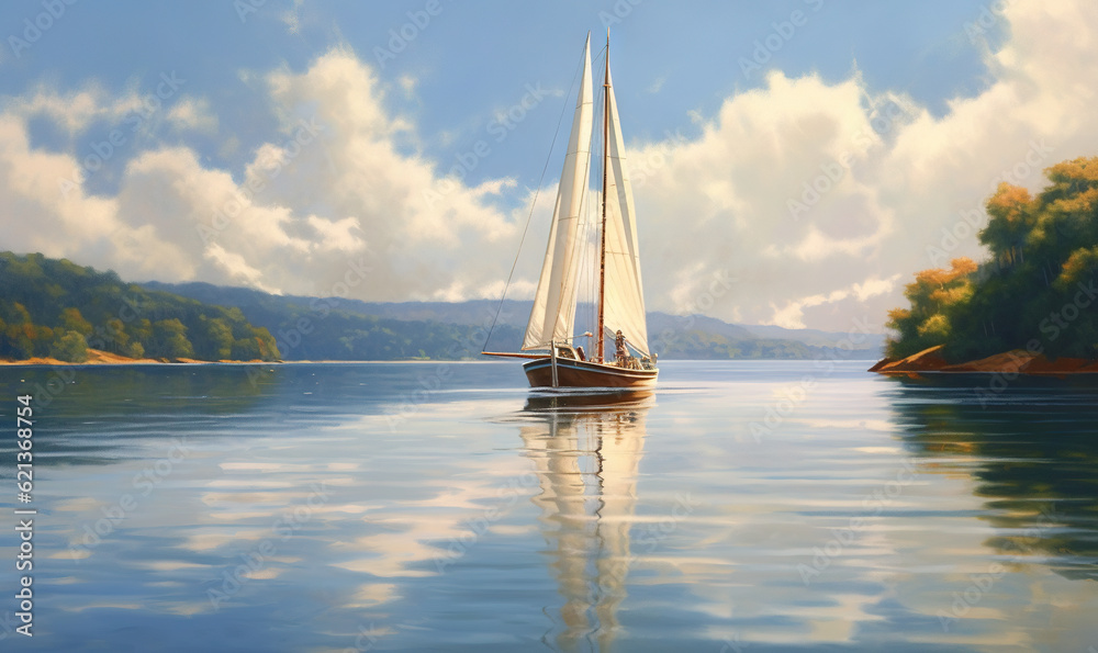  a painting of a sailboat on a lake with trees in the background.  generative ai