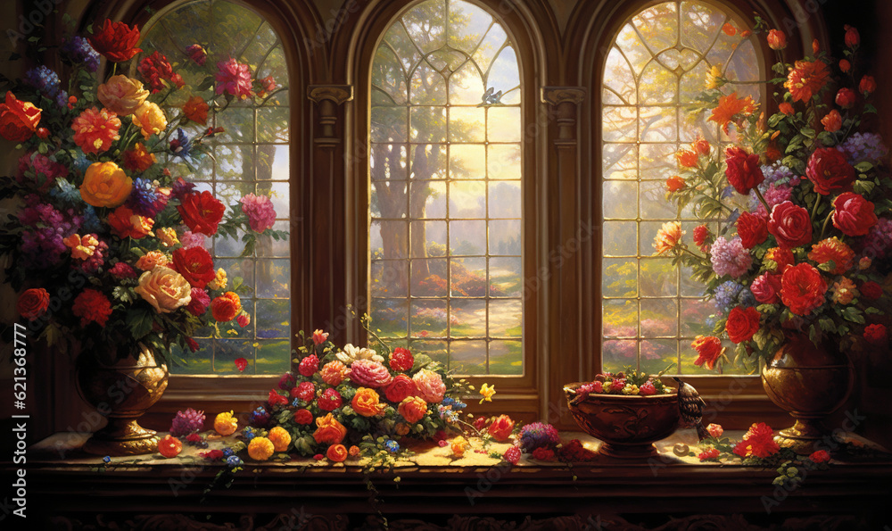  a painting of flowers on a window sill by a window.  generative ai
