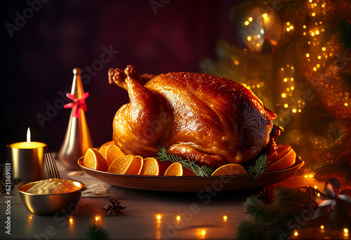 Christmas table with turkey. AI Generated