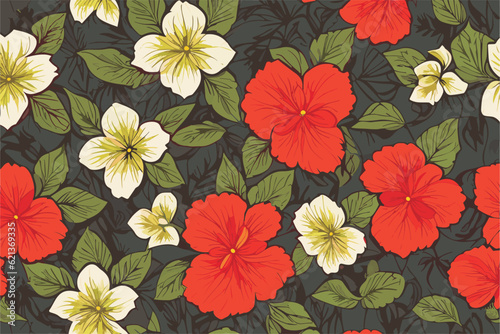 Vector seamless pattern with white and red flowers
and green leaves. Floral tropical background 
for women's clothing, fabric, textile, paper, notepad.