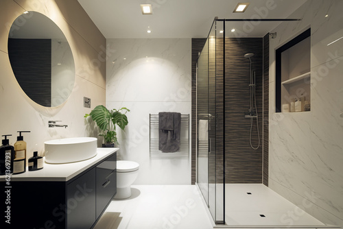 Luxury modern bathroom interior design with glass walk-in shower - Created with generative AI tools
